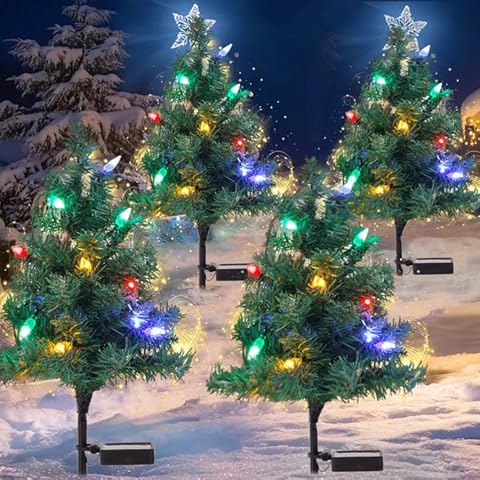 ULAROOM Solar Christmas Tree Lights Decorations- Christmas Outdoor Waterproof Xmas Tree Pathway Stake Lights with 20 Strawberry LED Lights in 4 Colors for Garden/Patio/Lawn/Yard,Ornament 4 Packs Cover
