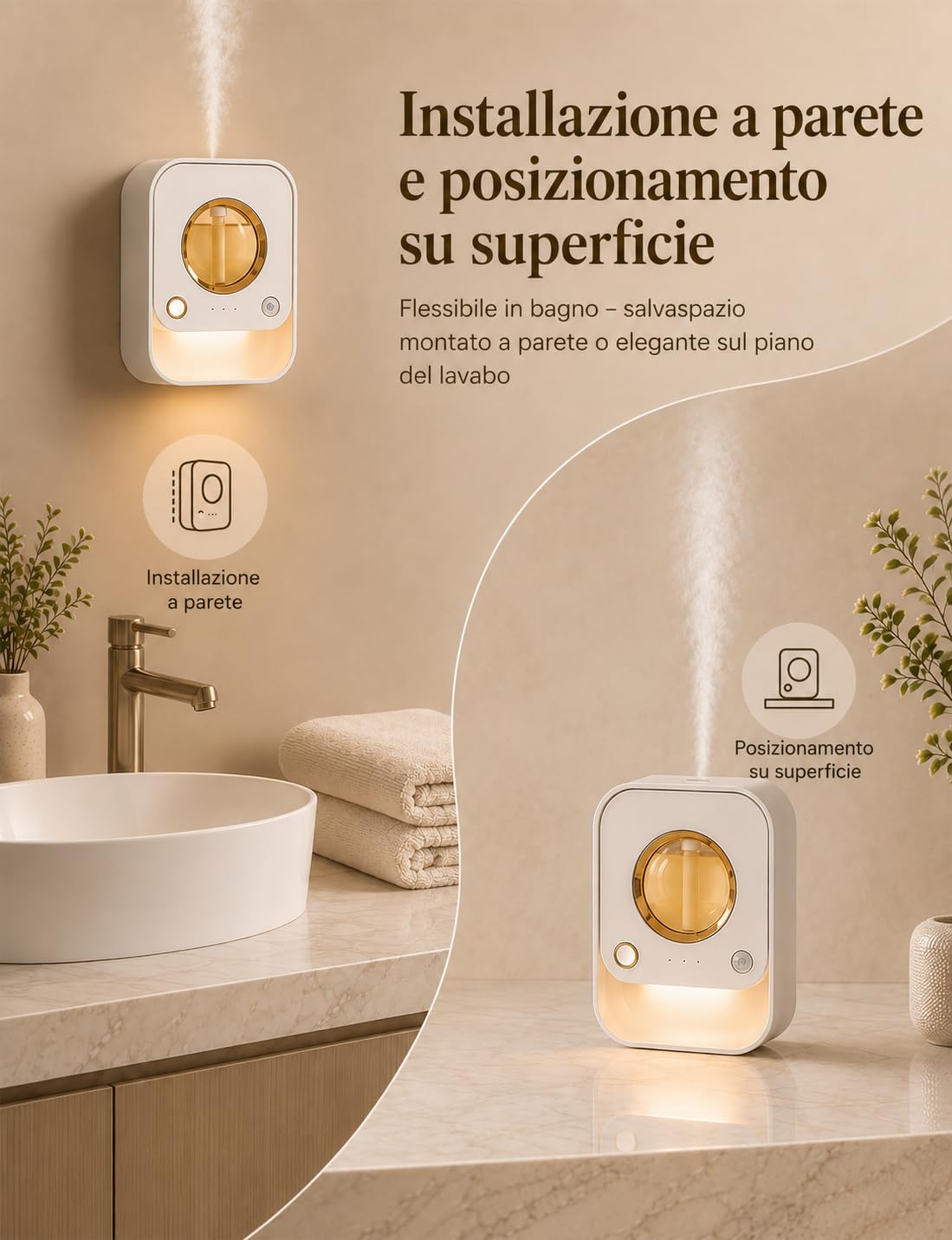 Diffusore di Oli Essenziali Senza Acqua Murale e da Tavolo con Sensore di Movimento, Luce Notturna e Timer, Diffusore Profumo Ambiente con 50ml Deodorante Arancia per Bagno, Camera, Soggiorno