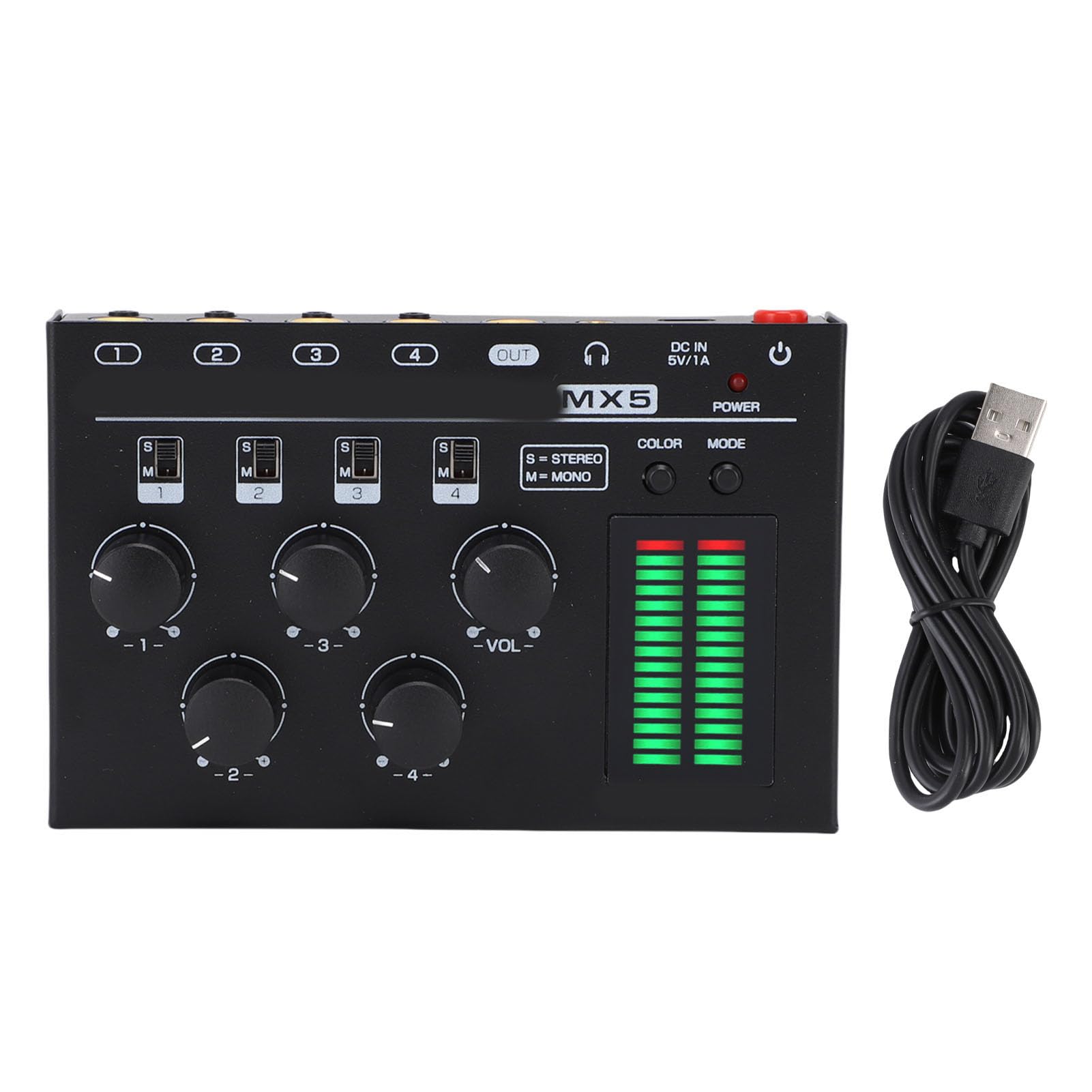 Dioche Stereofoniczny Mikser Mono 4-kanałowy Minimikser z Wyświetlaczem Poziomu LED - Mikser Dźwięku o Niskim Poziomie Szumów do Komputera, Odtwarzacza CD, Przedwzmacniacza, Słuchawek i Głośników,