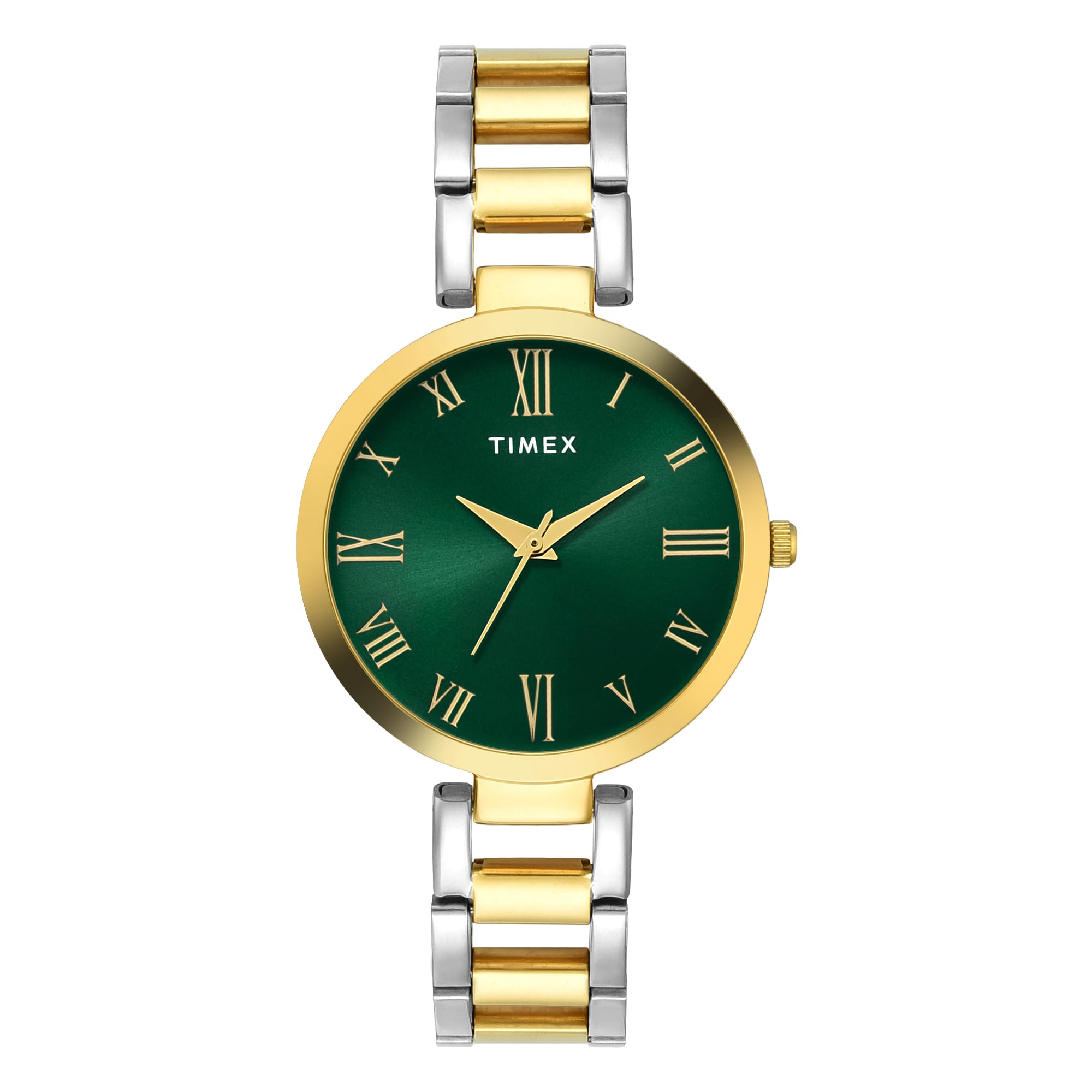 TIMEX Analog Watch for Woman with Green Round Dial & Two Tone Stainless Steel Bracelet Band Water Resistant Women's Wrist Watches - TW000X274