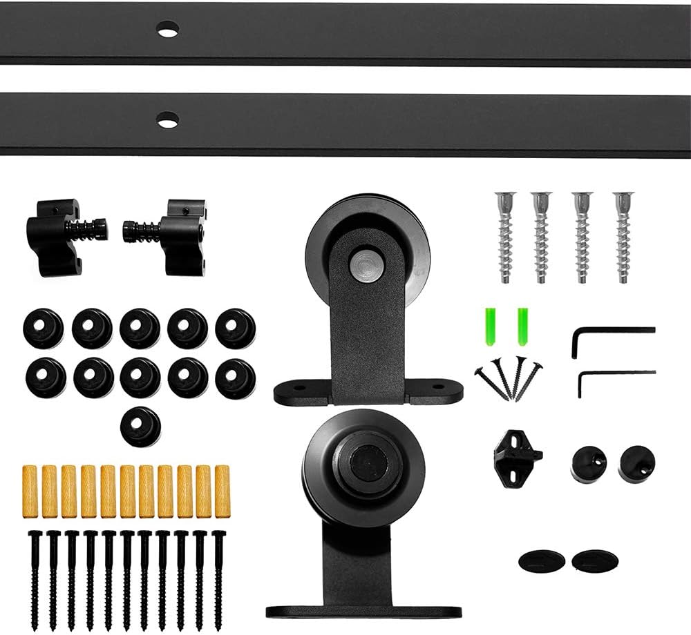 LWZH 15.5FT Heavy Duty Sliding Barn Door Hardware Track Hanging Barn Door Hardware Kit (Black Double Door Sliding Rail)
