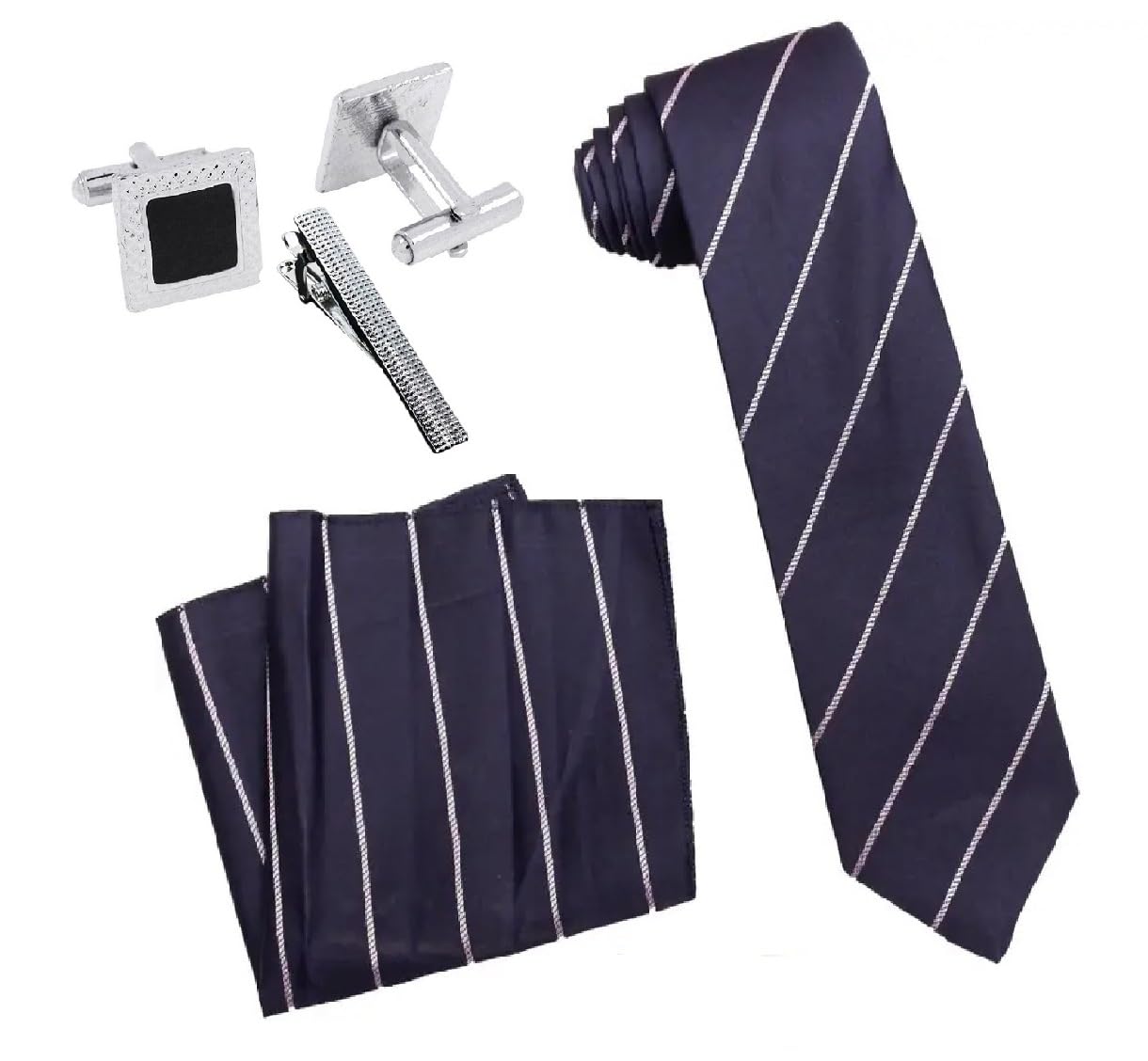 FashMade Premium Italian Silk Tie, Pocket Square with Square Brass Cufflinks & Silver Honeycomb Tie Pin Combo in Leather Gift Box for Men – Formal & Wedding Set tp-40-image-38