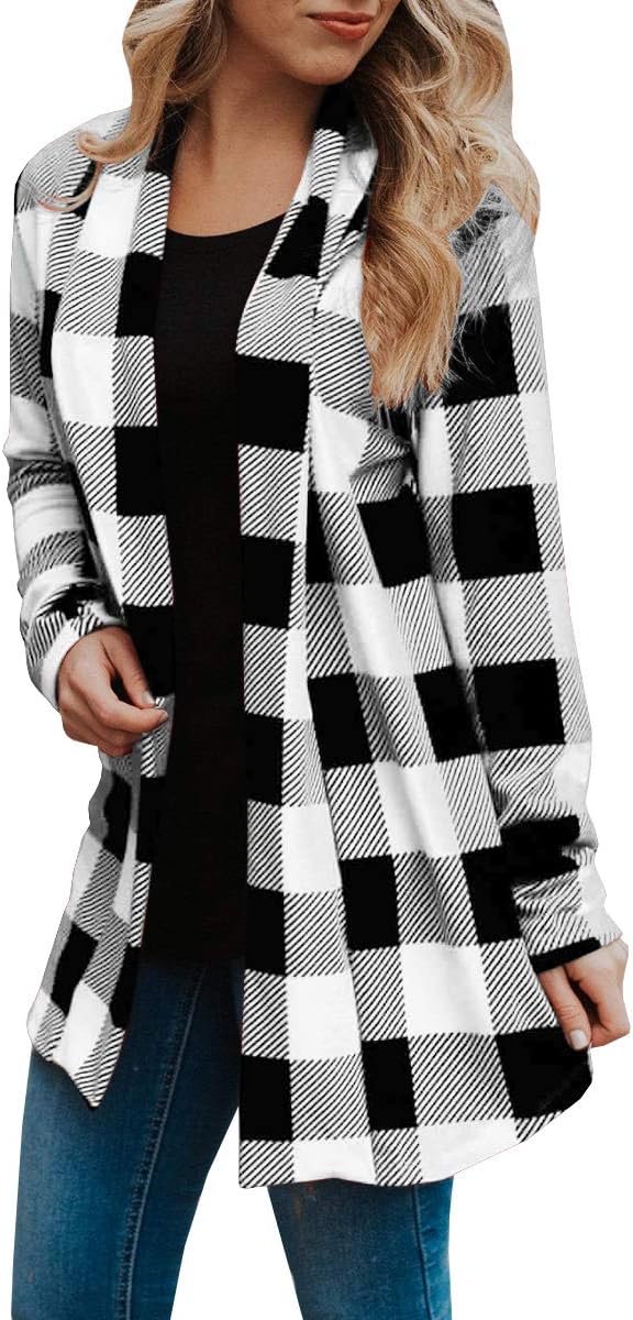 Womens Buffalo Plaid Cardigans Long Sleeve Elbow Patch Draped Open Front Cardigan Shirt