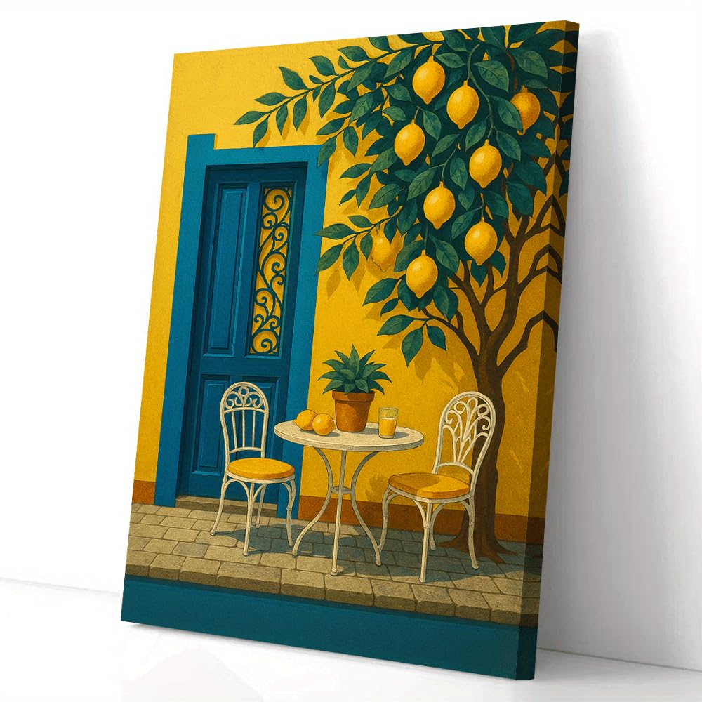 Ukixom Inner Frame Canvas Posters And Prints Lemon Tree And Blue Door Canvas Art With Wooden Mediterranean Style Wall Decor For Living Room(30X40cm(12X16in)/Innerframe)