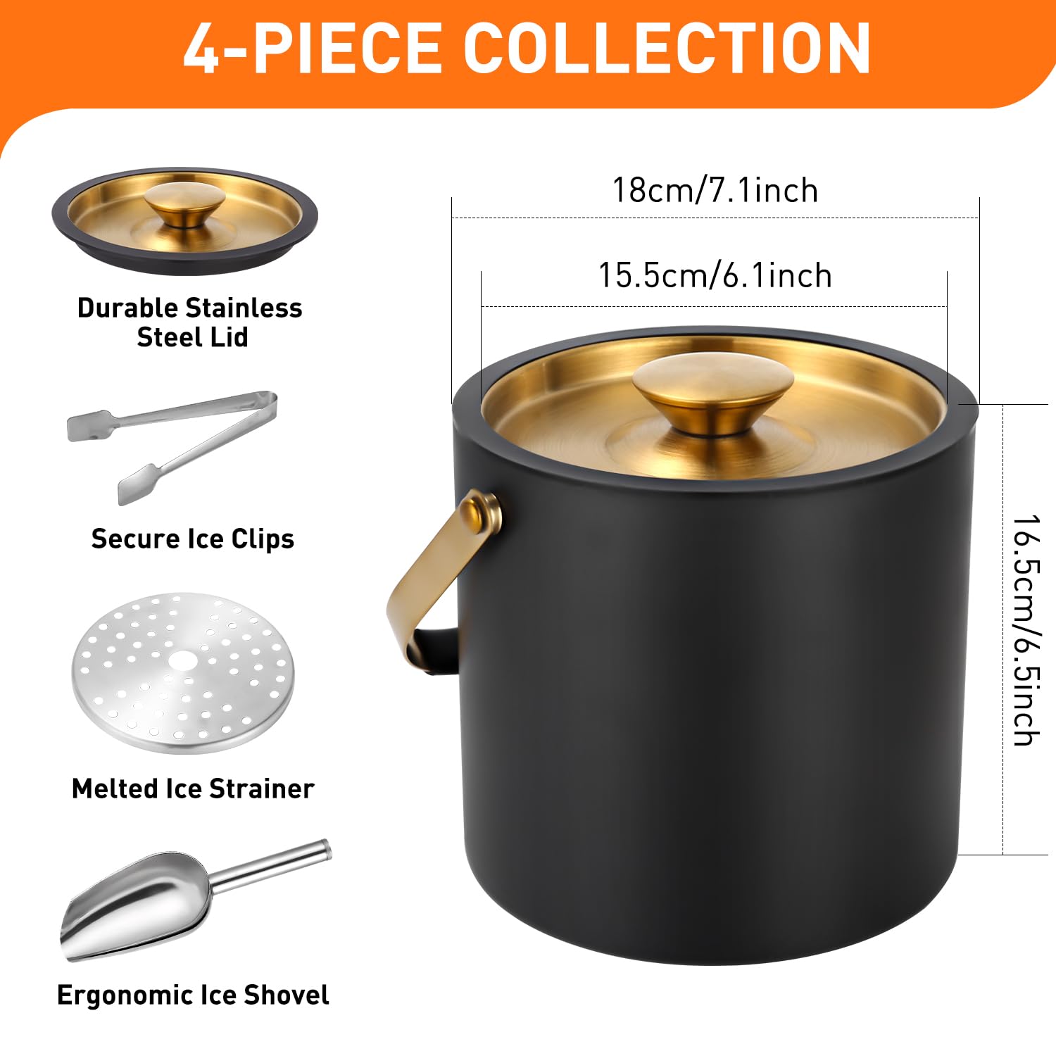 3.2L Cubitera Aislada, Cubitera Acero Inoxidable con Tapa de Silicona, Pinzas, Scoop, Colador, Aislamiento de Doble Pared con, Contenedor De Cubitos De Hielo para Bar de Cócteles, Fiestas, Champán
