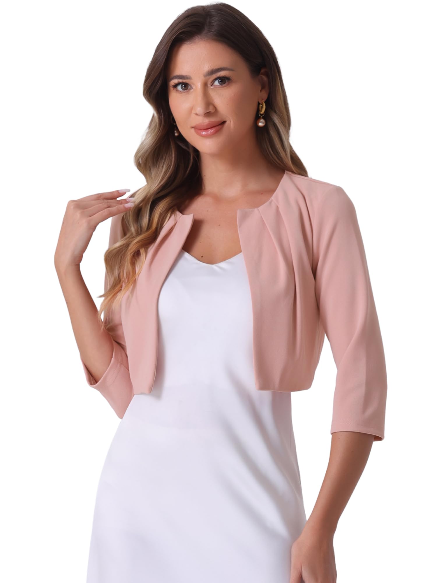 Allegra K Boléro en Mousseline Femme Blazer Court de Bureau à Haussement d'Épaules et à Manches 3/4 Cardigan Léger Plissé sans Col