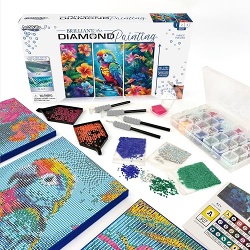 ArtSkills Diamond Painting Kit, Diamond Art Ready to Hang Framed Canvas with Storage and Accessory Kit, Parrot Paradise, 3 Stretched Canvas Panels, 14” x 7” Each