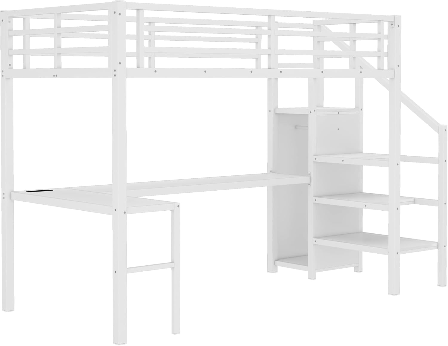SOFTSEA Twin XL Loft Bed with Desk, Metal Loft Beds with LED Lights & USB Ports, Space Saving Gaming Bed with Storage Stairs, Open Wardrobe for Kids Teens Boys Girls, White