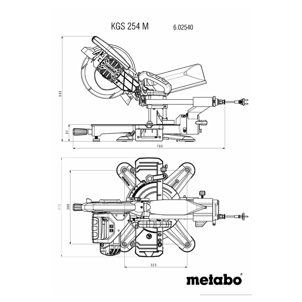 Metabo KGS 254 M piła ukośna, funkcja ciągnięcia i przycinania, 1800 W, brzeszczot Ø 254 mm, szerokość cięcia 305 mm, obrotowa głowica piły wychylna i pochylana w lewo, laser, światło LED 60254000