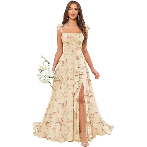 GUKARLEED Women’s Long Bridesmaid Dresses Ruffles Floral Chiffon Scoop Neck A-line Wedding Guest Formal Dress with Pockets