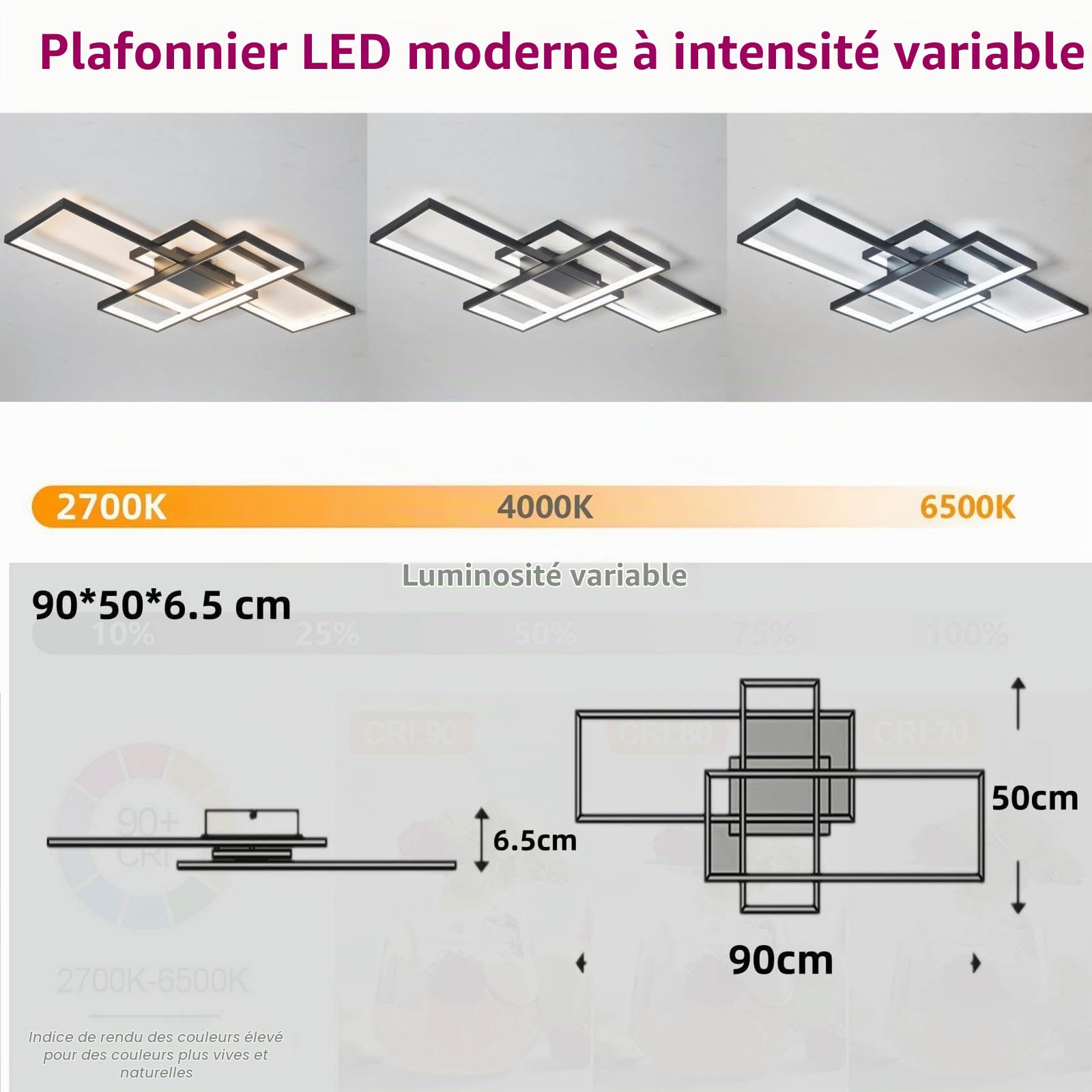 LED Plafonnier Applique Murale Lampe de plafond Moderne Noir Rectangle Désign Abat jour Applique pour Chambre Salon Cuisine Salle à manger Loft Escalier Couloir Dimmable avec télécommande,Noir,90cm