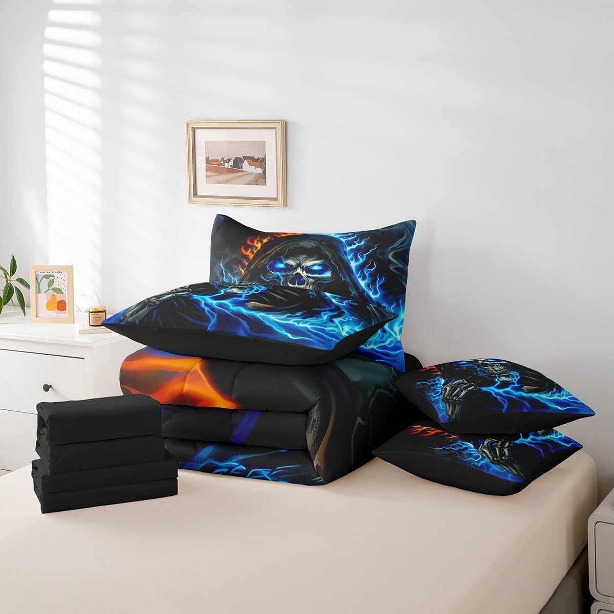 Erosebridal Gothic Flame Skull Twin Bedding Set 7 Piece Skeleton Bones Bed in A Bag with Sheets Halloween Style Comforter Set for Kids Adults,Goth Blue Orange Bed Sets
