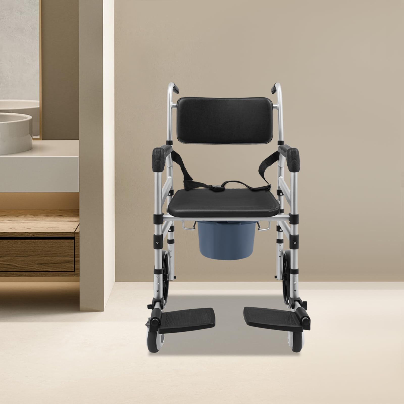 Sedia WC per anziani con ruote, sedia da doccia pieghevole con secchio WC regolabile in altezza in lega di alluminio, portata 150 kg