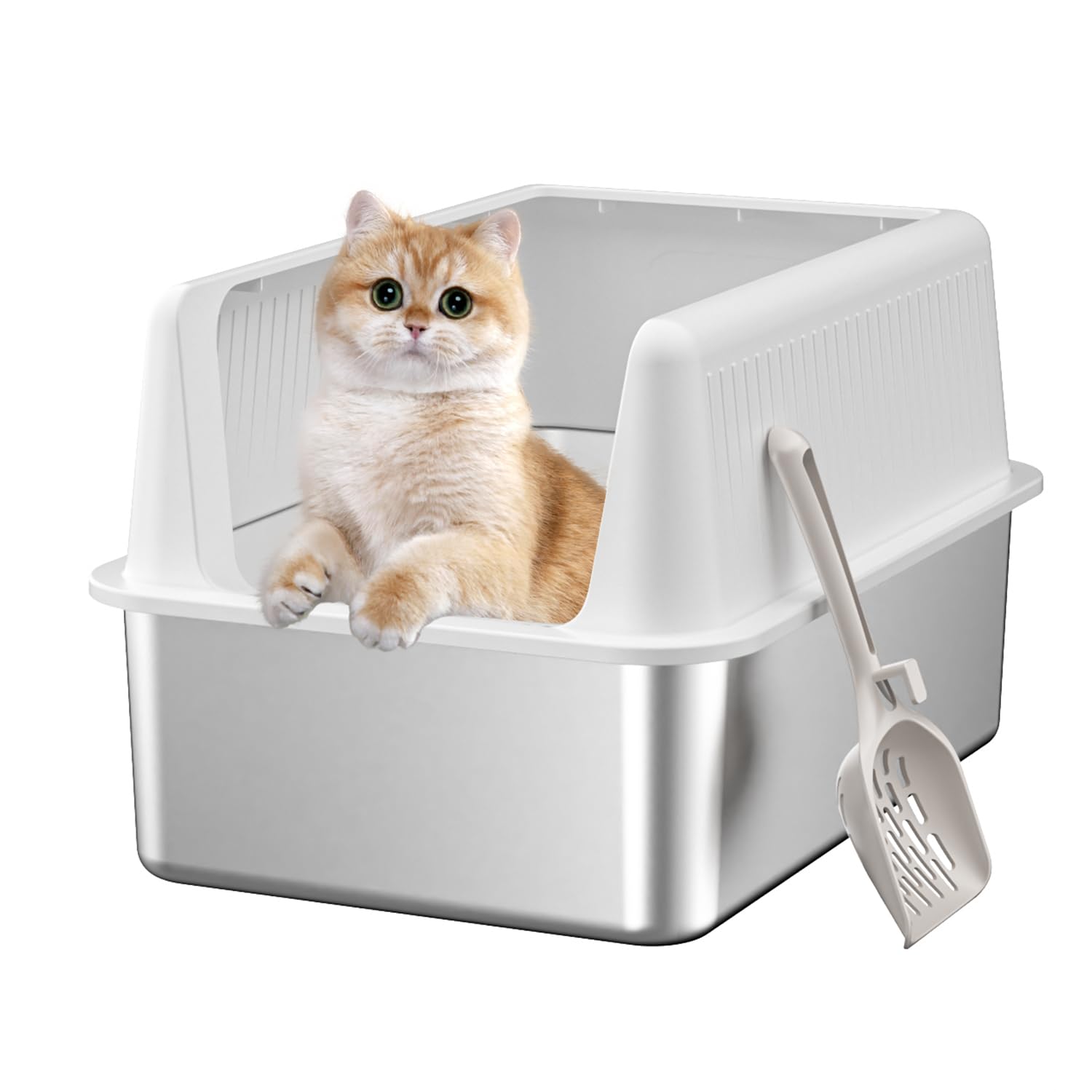 Stainless Steel Cat Litter Box with Lid,XL,19.7” L x 13.8” W x 11.8”H Deep,Large Metal Litter Box with High Side,for Small and Large Cats,Anti-Leakage Non-Sticky Easy Cleaning Include Litter Scoop