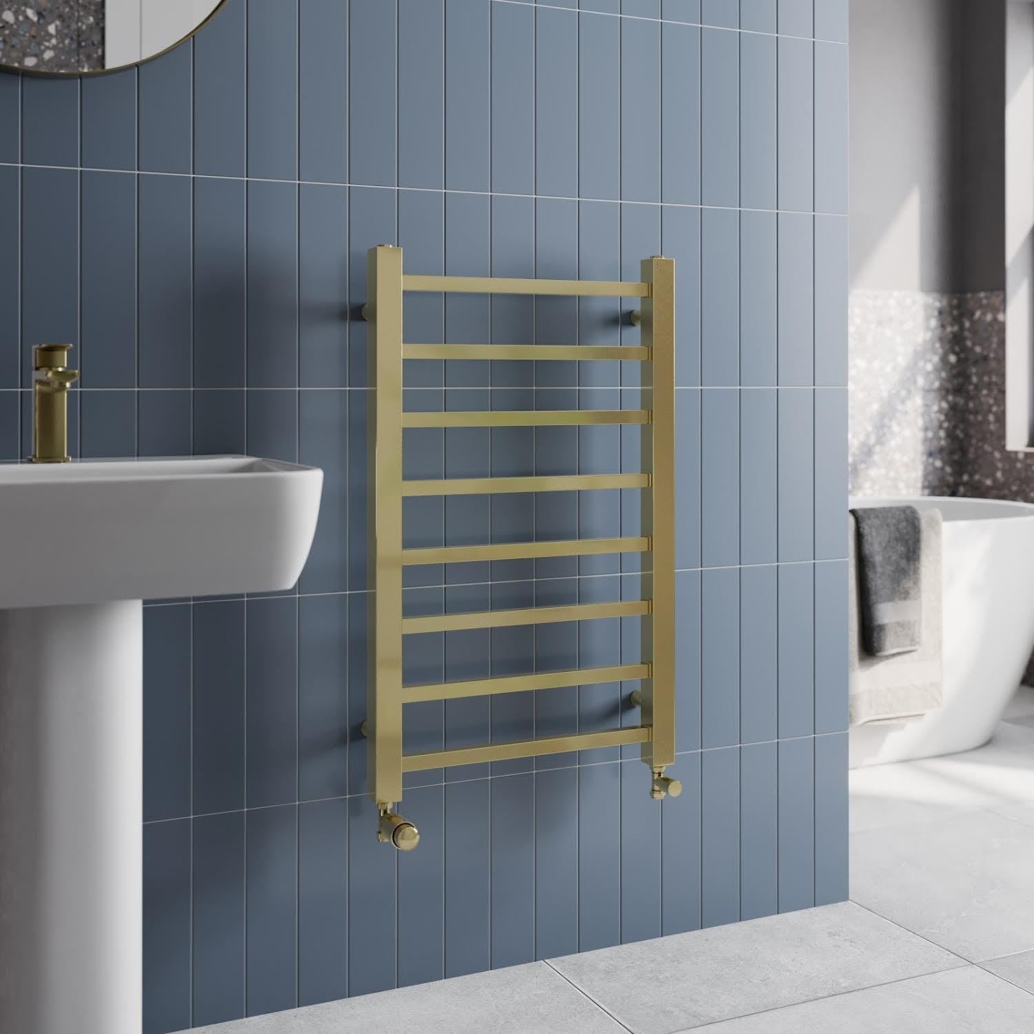 Solaro® 800 x 500mm Square Bar Straight Heated Towel Rail Radiator Modern Central Heating Bathroom Warmer Wall Mounted Ladder Rad, Brushed Brass