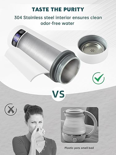 Miniatura 18 de balbali Hervidor de viaje de doble voltaje 100-250 V – Caldera de agua portátil de 12 onzas/calentador/calentador para agua hirviendo – 4 controles