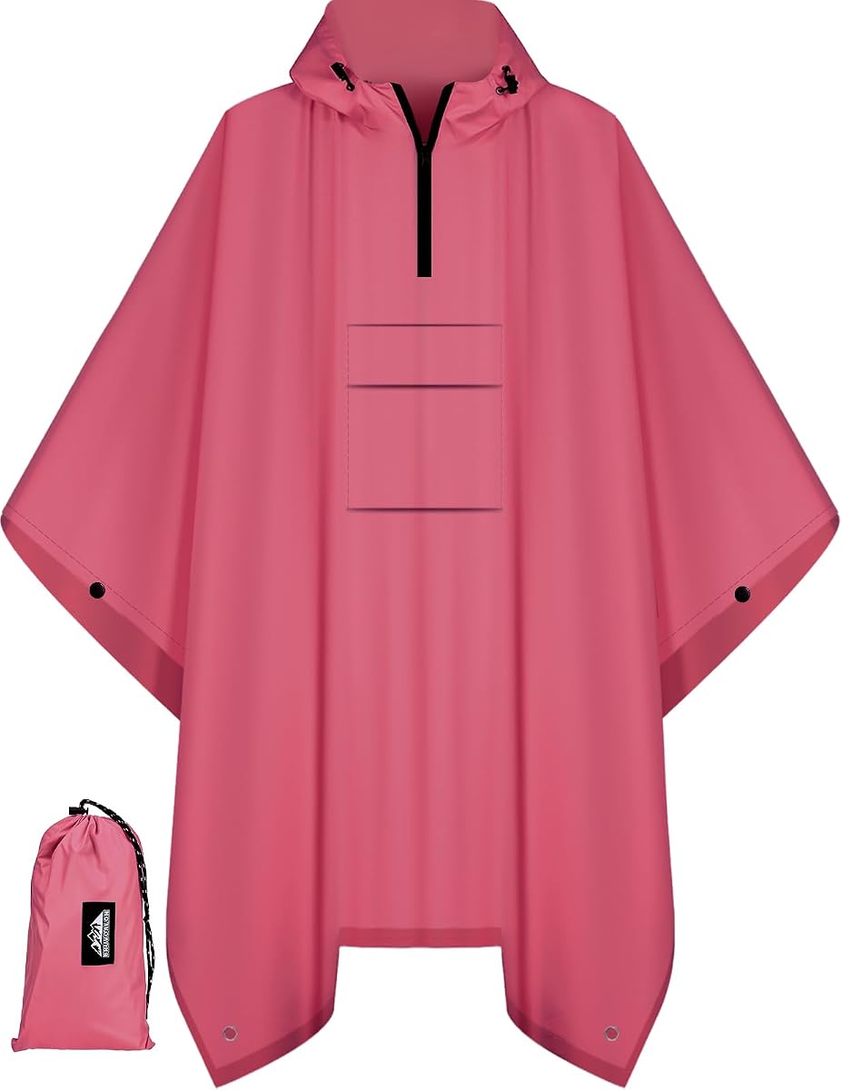 Bruvoalon 3-in-1 Rain Poncho with 1/4 Zip & Chest Pocket, Waterproof, Sunshade, Ground Mat for Adults & Youth Emergency