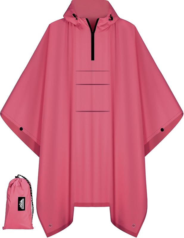 Bruvoalon 3-in-1 Rain Poncho with 1/4 Zip & Chest Pocket, Waterproof, Sunshade, Ground Mat for Adults & Youth Emergency