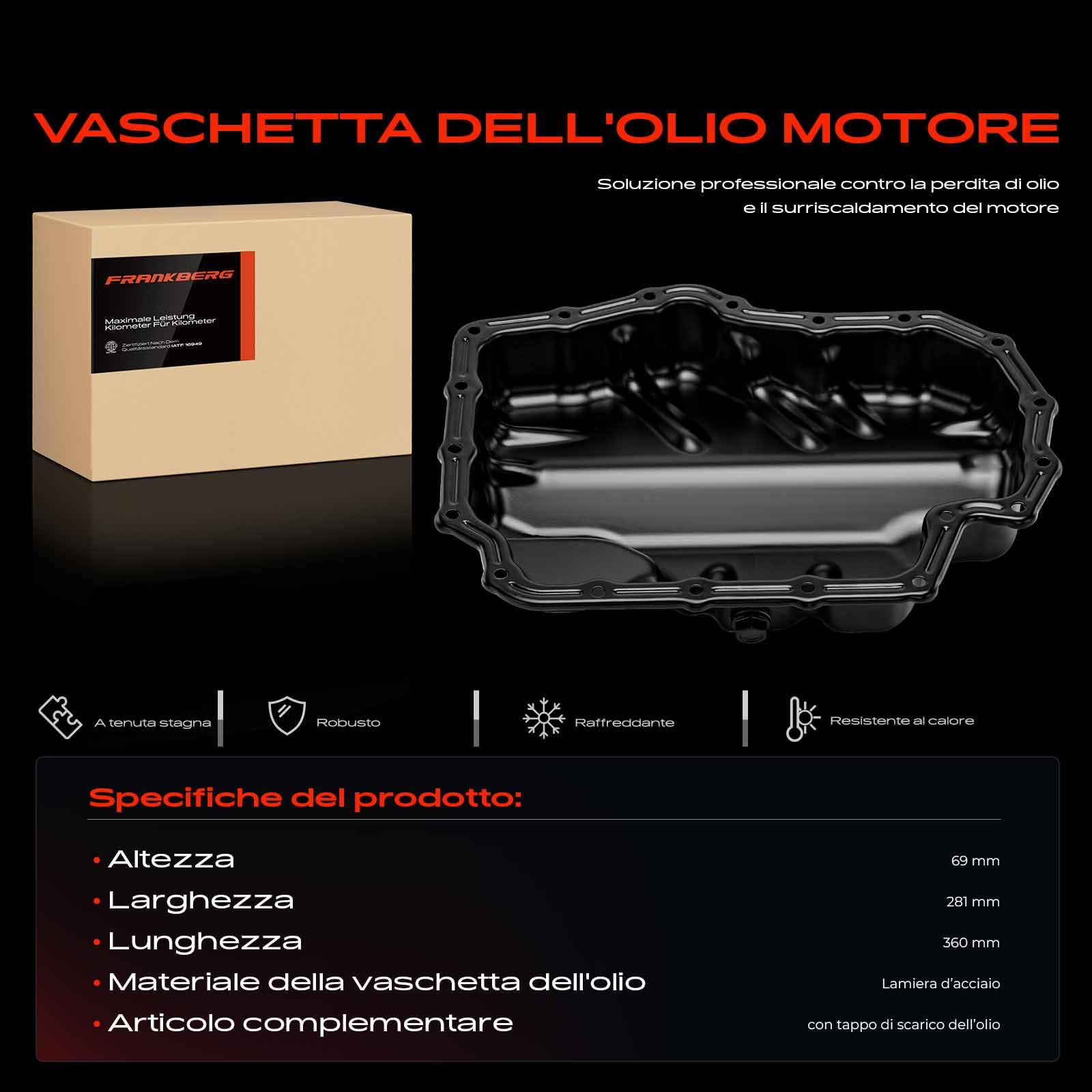 Frankberg Coppa dell'olio coppa dell'olio motore con tappo di scarico | 04E103600A; Compatibile con: Beetle 5C1 5C2,Maggiolino Cabriolet 5C7 5C8