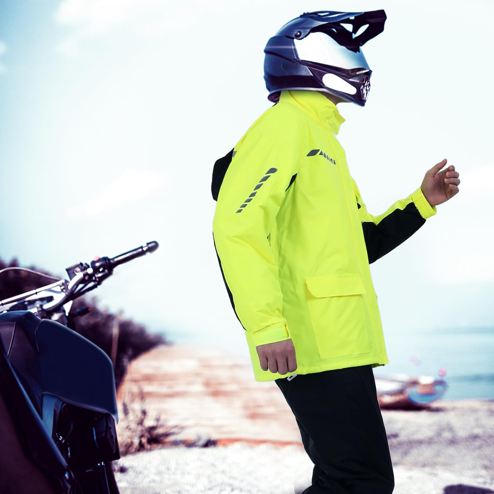 Zestaw Przeciwdeszczowy Rower dla Mężczyzn z Kurtką z Kapturem Spodniami i Pokrowcami Buty Odblaskowy Kombinezon Motocyklowy Ciężkie Deszcze i Nocną Jazdę