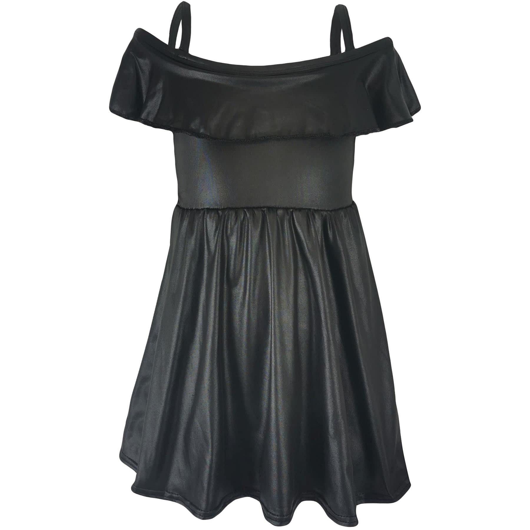 A2z 4 Kids Girls Black Wet Look Trendy Summer Party Fashion Top - Wet Look Off Shoulder Dress 13