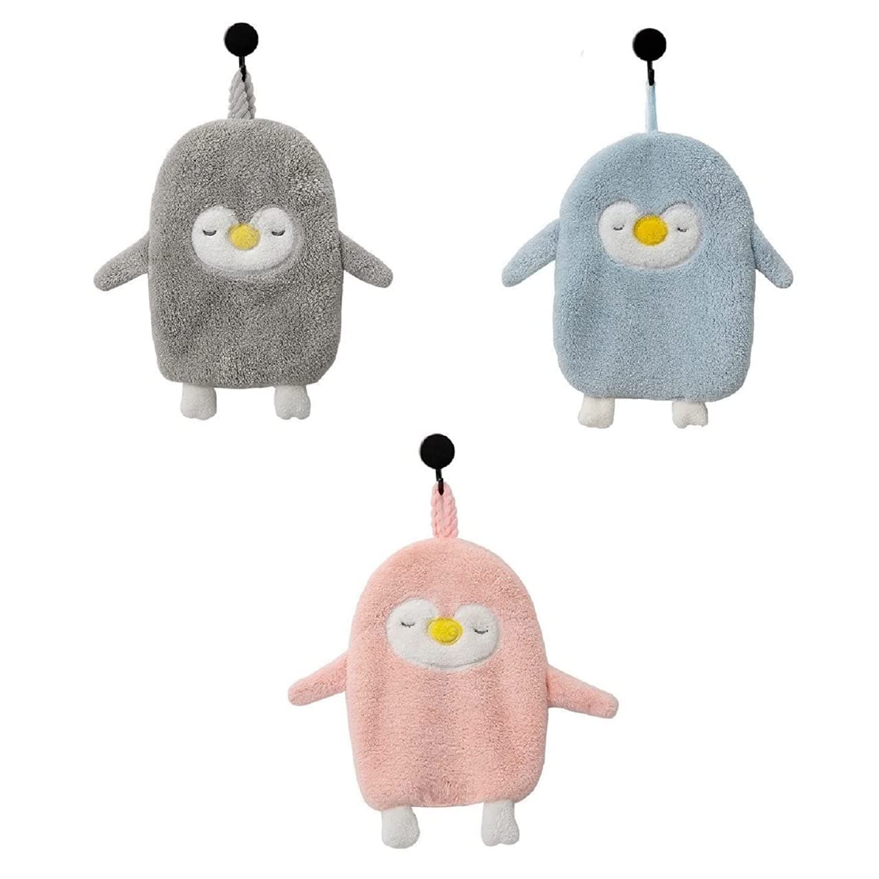 Krupanidhi Cute Penguin Shape Chenille Hand Towels with Hanging Loops Quick Dry Hand Bath Towel Children Hand Towel for Kitchen, Bathroom, Bedroom (Multicolor Pack of 3 Pcs.) 2