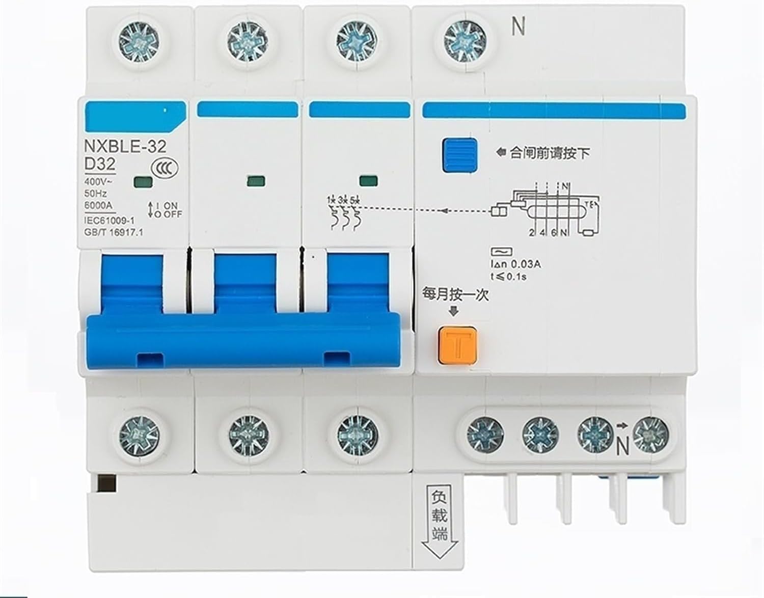 Circuit breakerNXBLE-32 3P+N Type D Residual Current Operated Circuit Breaker RCBO 6KA Type D 3P+N 30mA 400 V 415V 50HZ 6A 10A 16A 20A 25A 32A 1Pcs (Size : 3P N, Color : 6A) ( Color : 32A , Size : 3P