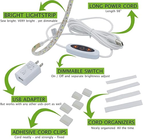 Tira de luz LED para máquina de coser Madam Sew – Luces LED flexibles para coser con atenuador, adhesivo en la parte posterior y clips – Tira de luz