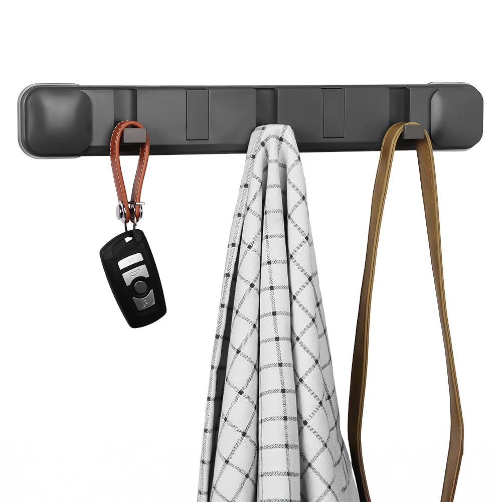 flintronic Wall Mounted Floating Rack with 5 Hooks, Vacuum Suction Cup Foldable Metal Wall Hook, Coat Hook Rack Wall Hanger, Hanger with Retractable Hooks for Jackets, Coats, Hats, Bags (Gun Grey)