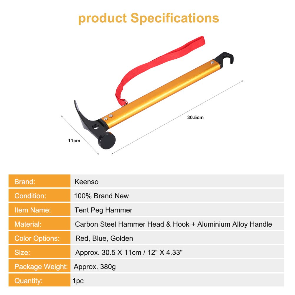 Keenso Camping Marteau, Marteau de Tente Marteau Maillet pour Piquets de Tente Peg Hammer Portable pour Camping, Bivouac Sports de Plein Air(Or)