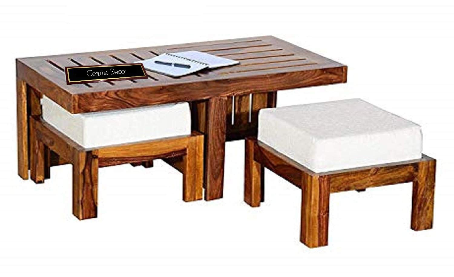 Genuine Decor Solid Rosewood Wood Coffee Table Living Room with 4 Stools New CNC Design Center Table | Hotel | Lounge | (GD01)