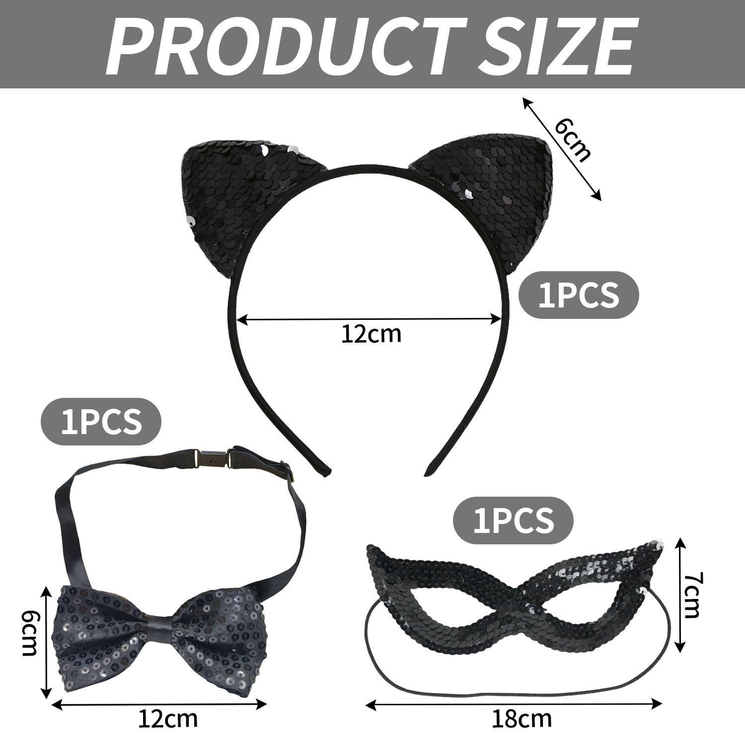 HINFHI 1 Piece Cat Ear Headband, 1 Piece Eye Mask And 1 Piece Bow Tie, Sequin Headband, Role-Playing Accessories - Image 2