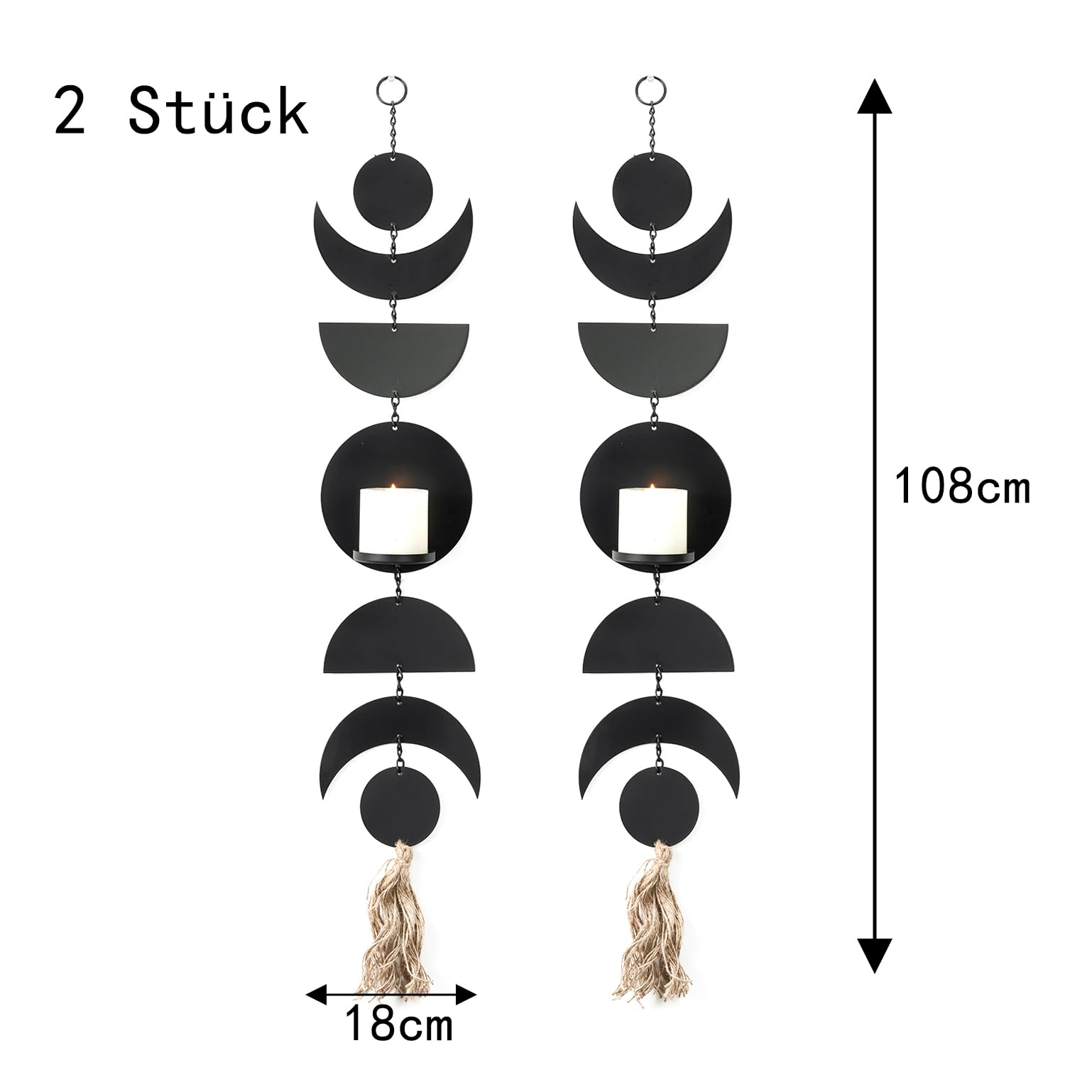 Wandhalter für Kerzen, Schwarz Metall Wandkerzenhalter, Kerzenständer für Wandmontage, Groß Boho Hänge Wand Kerzenhalter Deko(2er Set)
