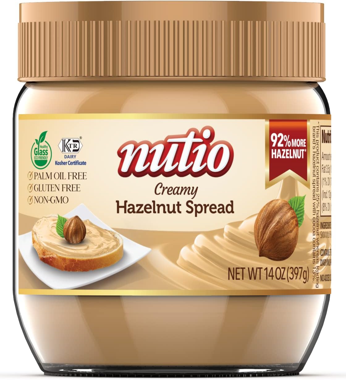 Nutio Creamy Hazelnut Spread - 92% More Hazelnut, 37% Less Added Sugar, Palm Oil Free, Gluten Free, Non-GMO, Cocoa Free, Peanut Free - 14 oz Glass Jar