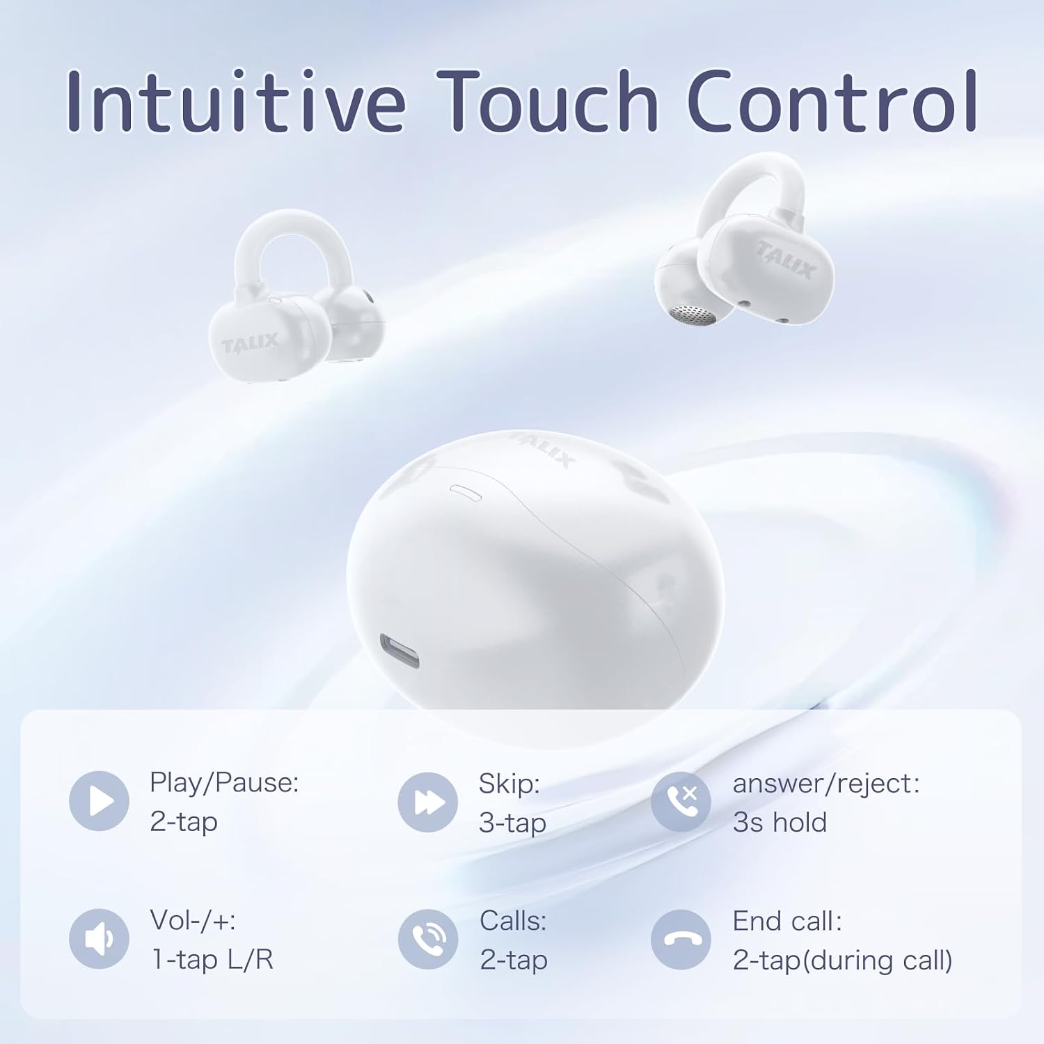 Graphic illustrating the touch controls for HHOGene TALIX X6 earbuds: Play/Pause (2-tap), Skip (3-tap), Volume (1-tap L/R), Answer/Reject (3s hold), Calls (2-tap), End call (2-tap during call).