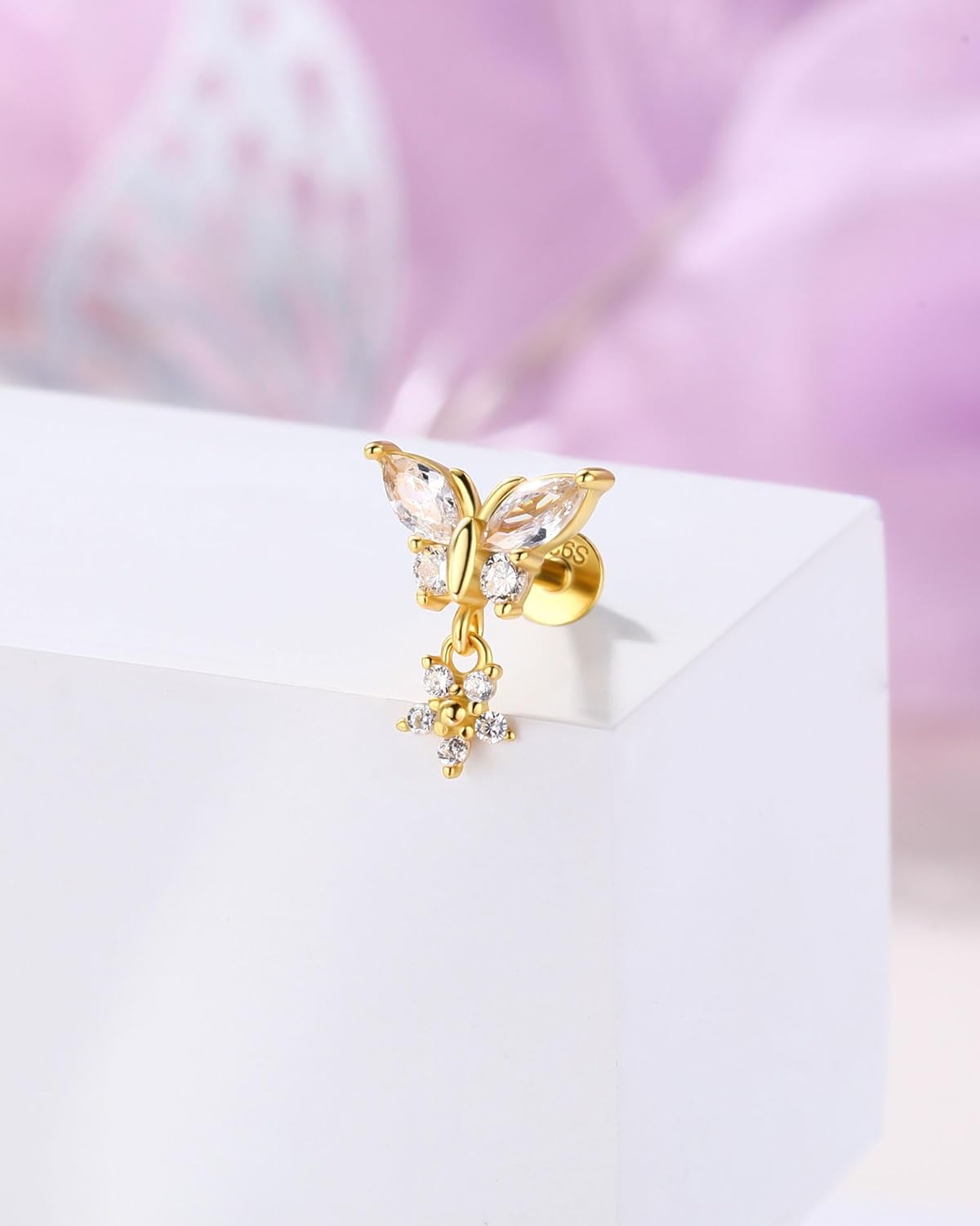 Jewseen 925 Sterling Silver Flat Back Stud Earrings 16G Gold Cartilage Stud Earring Butterfly Internally Threaded Helix Conch Tragus piercing Jewelry Flower Lip Nose Cartilage Piercing for Women - Image 3