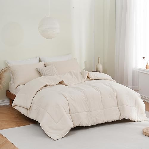 Miniatura 2 de Move Over Juego de ropa de cama de lino de mezcla de algodón tamaño Queen con textura de lino que absorbe la humedad y duradero, juego de edredón de