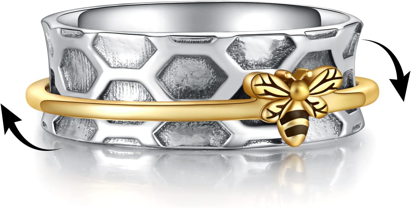 Sterling Silver Fidget Spinner Ring - Bee Anxiety Relief Meditation Spinner Ring Honeycomb Stress Relieving Jewelry Gift for Women