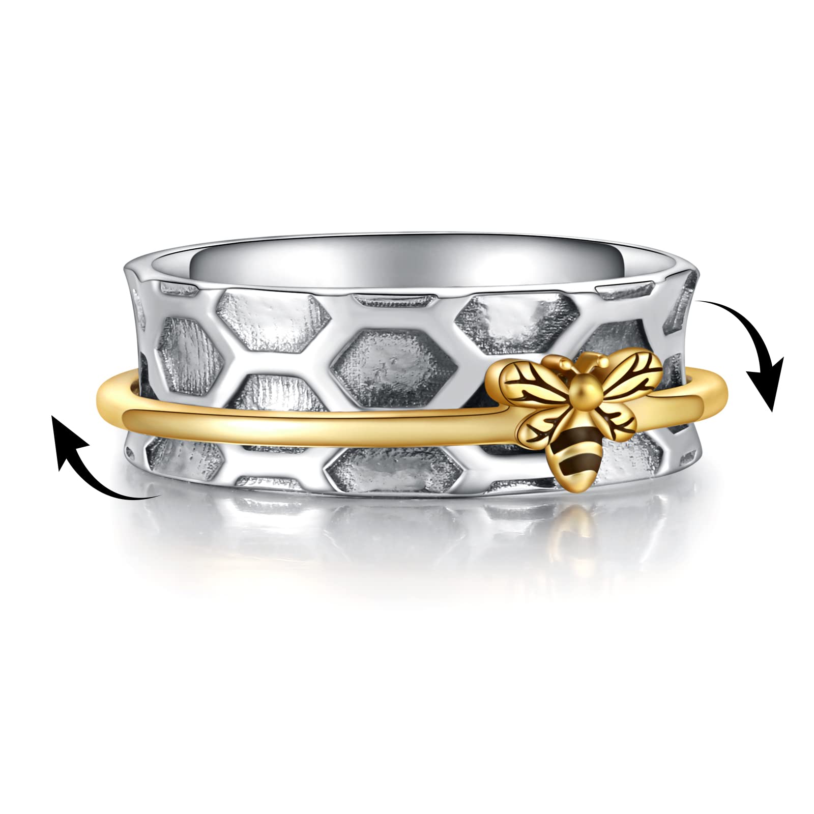 MANBUSterling Silver Fidget Spinner Ring - Bee Anxiety Relief Meditation Spinner Ring Animal Stress Relieving Ring Jewelry Gift for Women