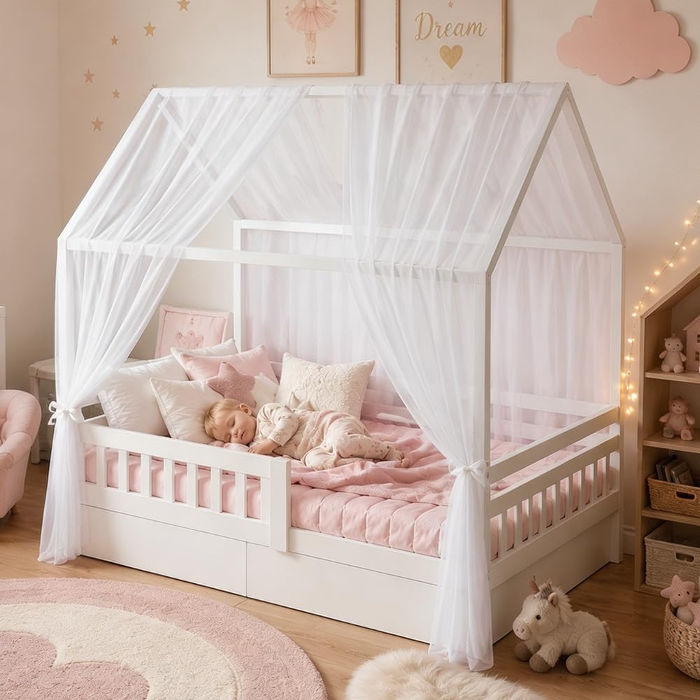 Hausbett Himmel Set, 2 Stück Hausbett Himmel für Kinderbett, 150 x 350 cm, Leichte Atmungsaktive Stoffvorhänge, Hausbetthimmel, Bettvorhang, für Mädchen Jungen Kinderbett Kinderzimmer Deko (Weiß)