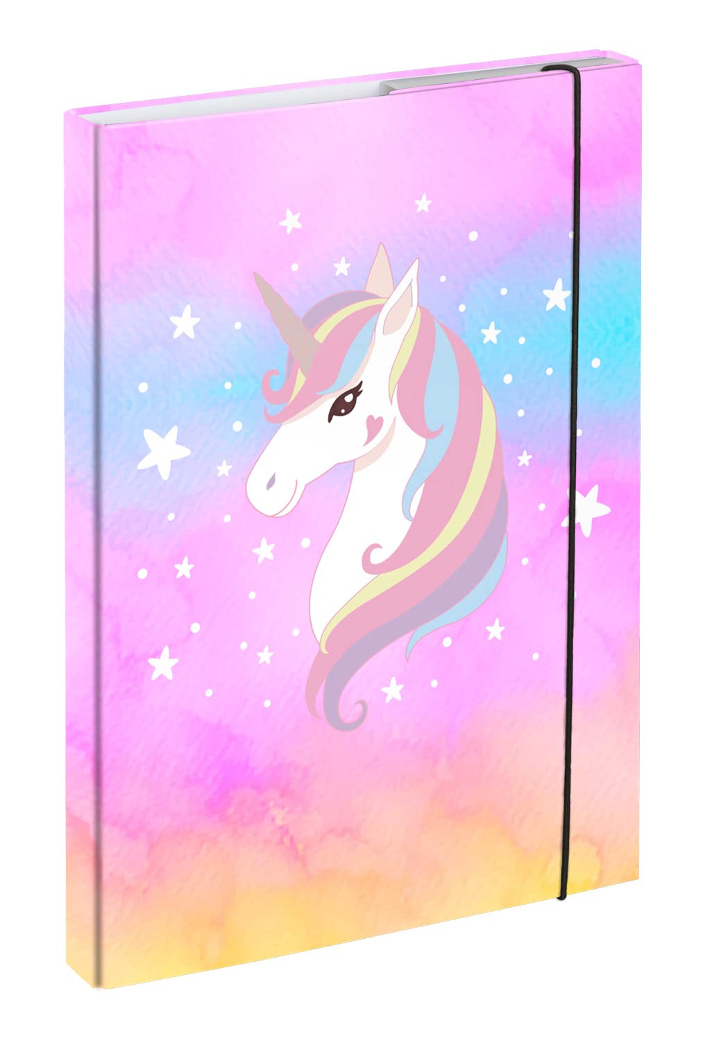 Baagl File Box for School Bag A4 Portfolio Folder for Children with Elastic Strap and Inner Flaps Book Folder, Collector's Box with Elastic Strap for Girls (Rainbow Unicorn),32x23cm