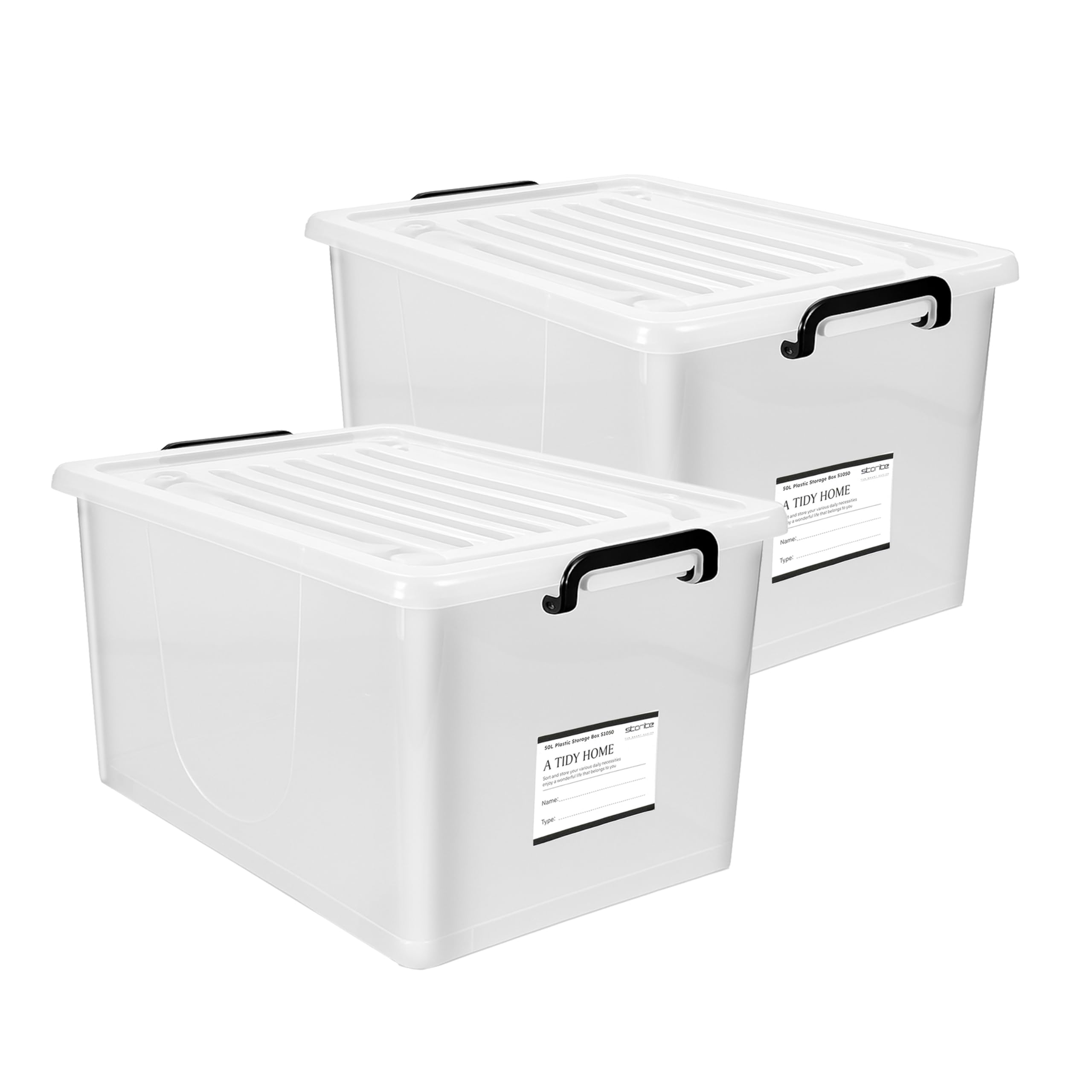 storite 2 pack 50 ltr multipurpose plastic storage container box with small rolling wheels (clear,transparent),54 x 38 x 31 cm, rectangular
