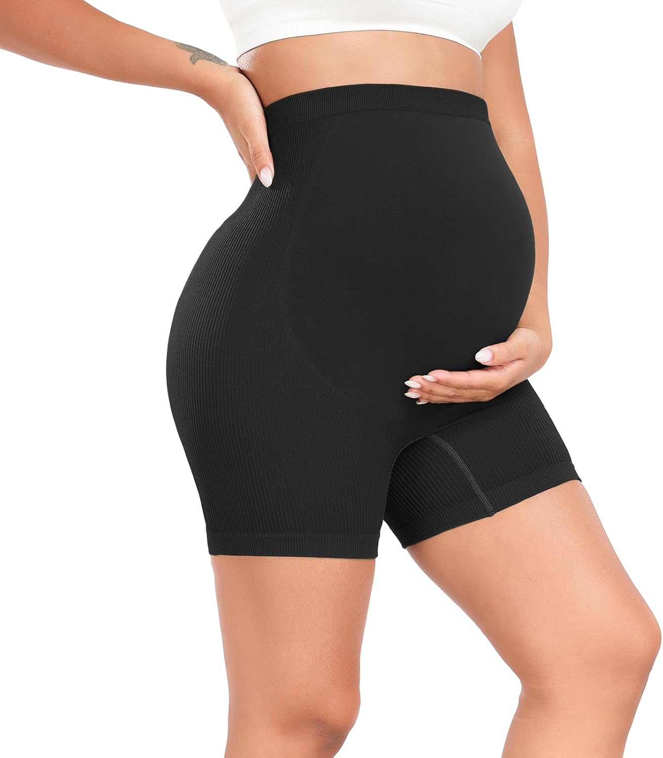 URUWASHI Ribbed Maternity Shorts Over The Belly Seamless 5" Pregnancy Workout Athletic Biker Shorts for Women - Image 2