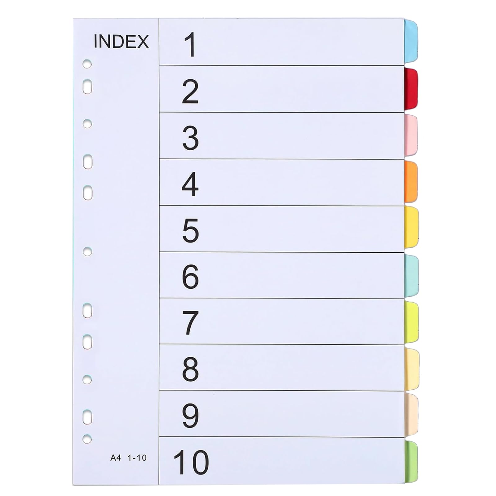 A4 File Dividers 5 Pack, 1-10 Part Coloured Page, Multi Hole Punched Tabbed Index Dividers Folders for Lever Arch Files & Ring Binder