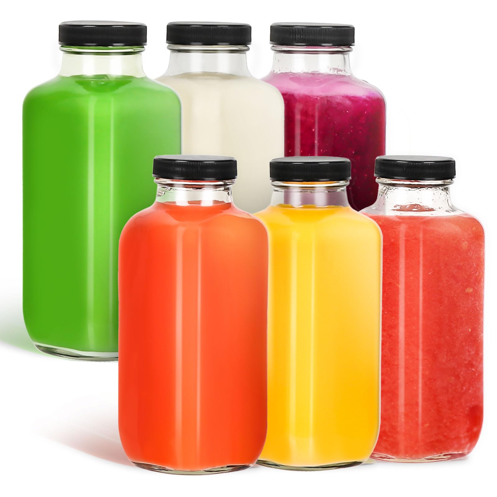 LEVGSAK 6 Pack 16 oz Glass Juice Bottles with Lids,Reusable Glass Drinking Bottles,Clear Water Bottles Drinking Jars for Juicing,Smoothies,Water,Milk,Kombucha Storage,Wellness