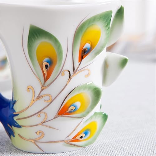 Miniatura 4 de Taza, taza de escritorio de café, taza de cerámica creativa 3D hecha a mano de porcelana esmaltada de pavo real taza de café con platillo y cuchara,