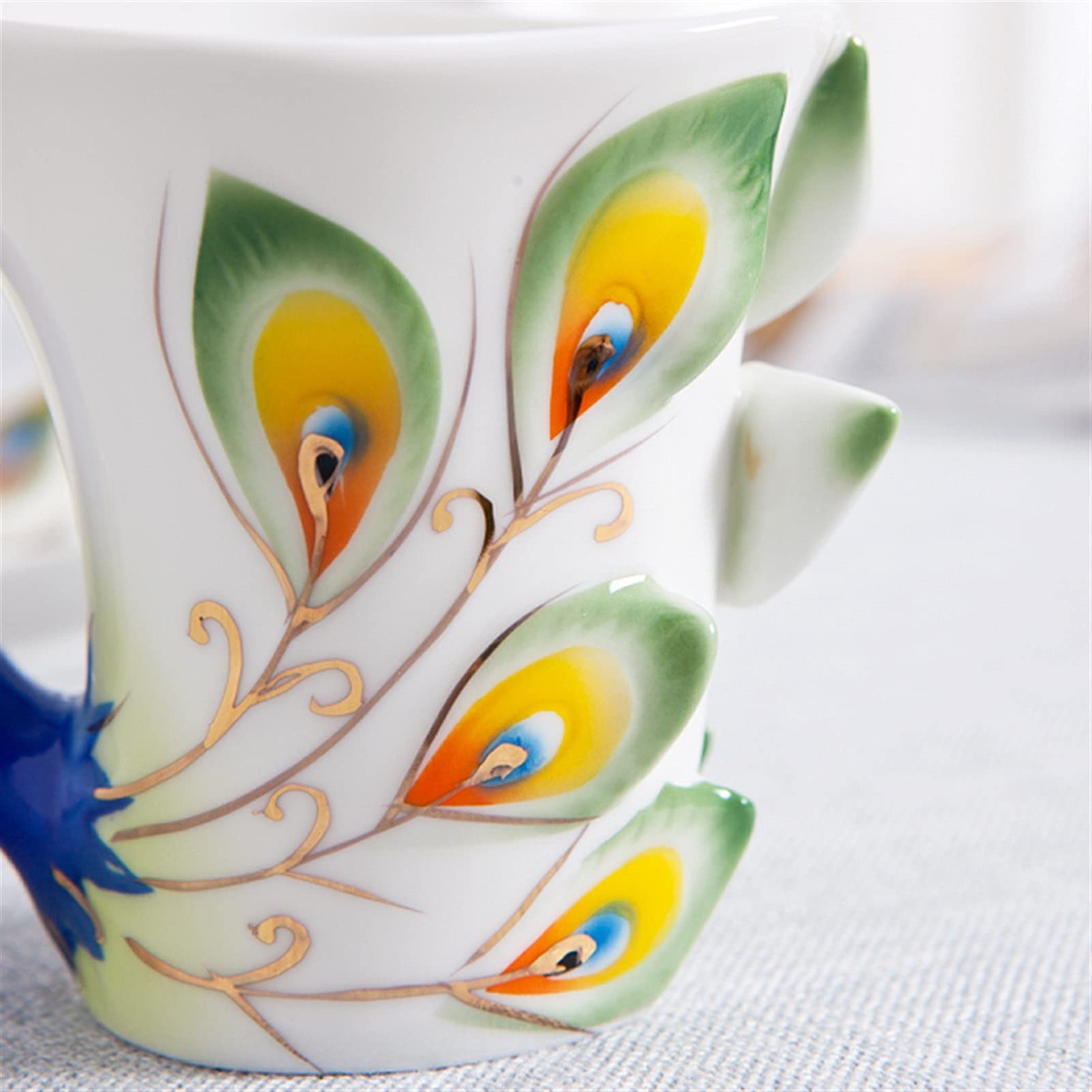 Kaffeetasse Kreative 3d handgefertigte Porzellan Email Peacock Kaffeetasse Set mit Untertasse und Löffel Keramik Tee Wasser Tasse Neuheit Geschenke (230ml) Teetasse ( Color : Blauw , Size : 230ml )