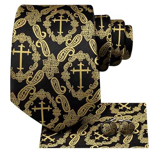 Image of Hi-Tie Mens Plaid Ties Classic Paisley Necktie with Handkerchief Cufflinks Set Business Stripe Tie