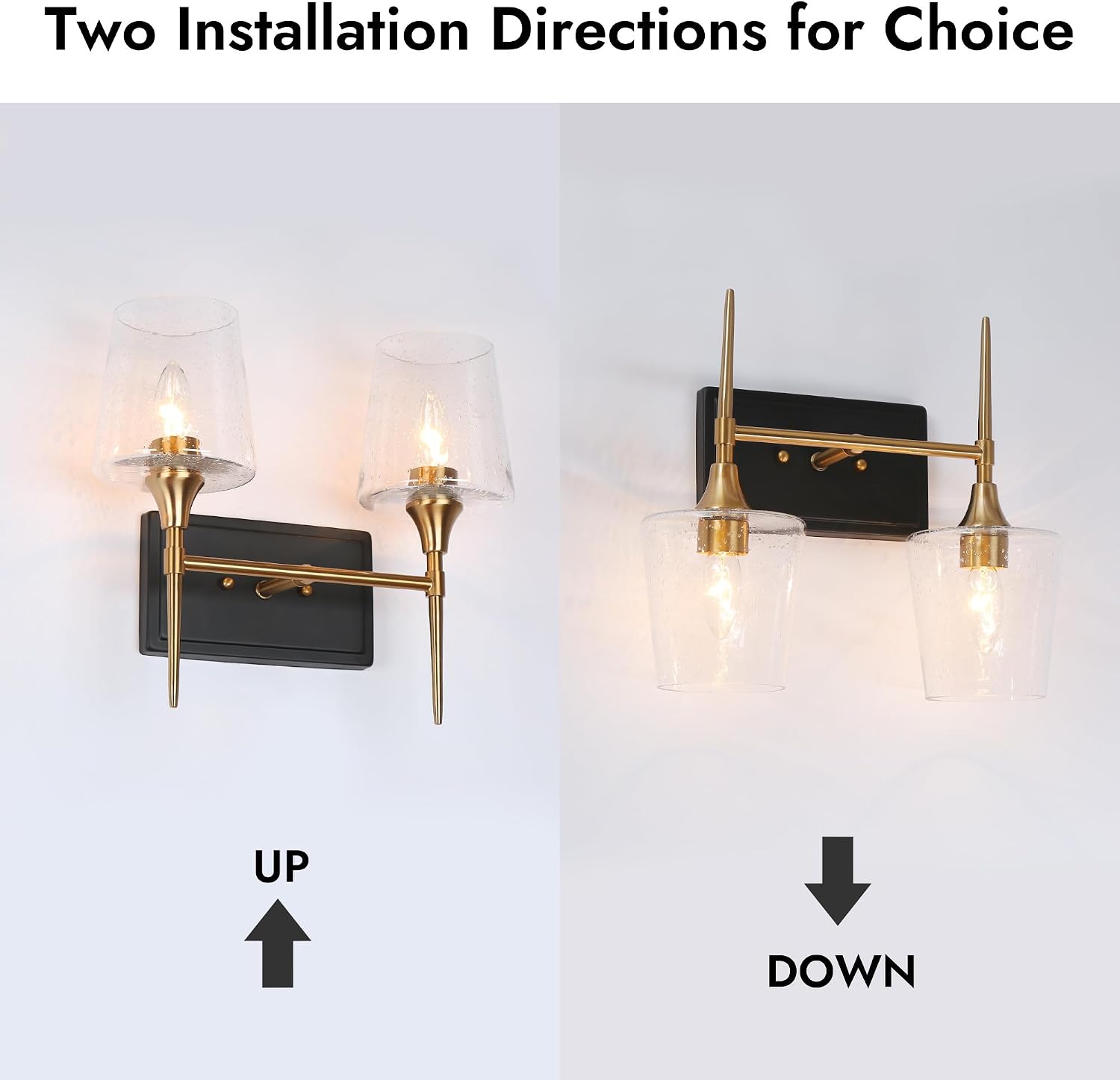 Black Gold Vanity Light, Modern 2-Light Bathroom Light Fixture with Seeded Glass Shade and Electroplated Brass Finish Over Mirror