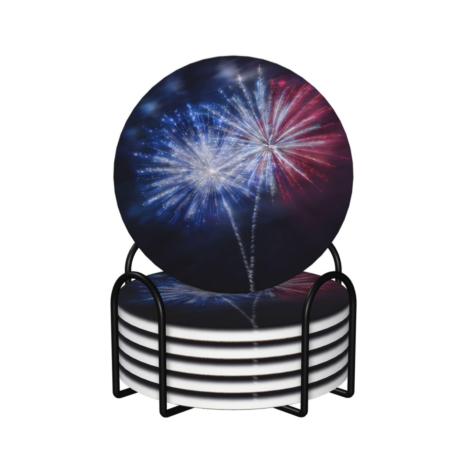 Blue Red White Fireworks Ceramic Coasters with Holder 6ps